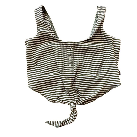 Honeycut Tops - Honeycut Dance Crop Top Womens XS 0-2 Ribbed Knot Striped Olive Green White Tank